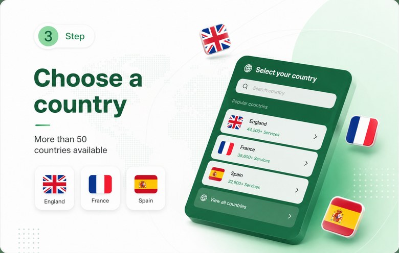3. Choose a country — more than 50 countries available