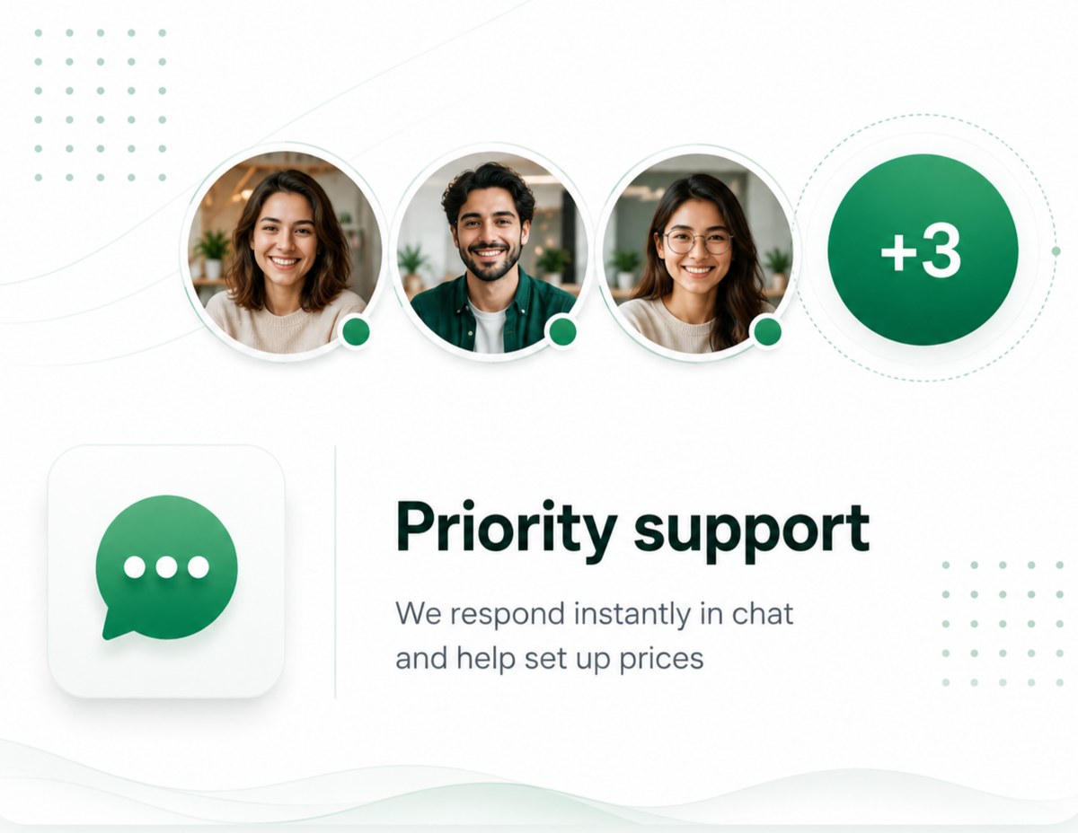 Priority support — we respond instantly in chat and help set up prices